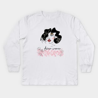 portrait of woman with black curly hair Kids Long Sleeve T-Shirt
